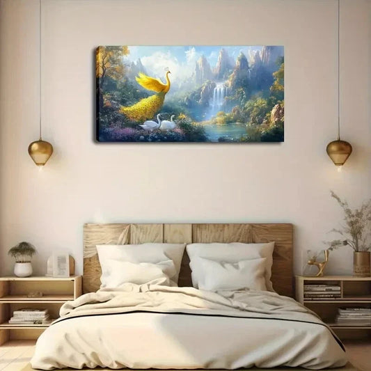 Golden Peacock And Swans Wall Art Canvas Office Home Room Framed 120x60cm