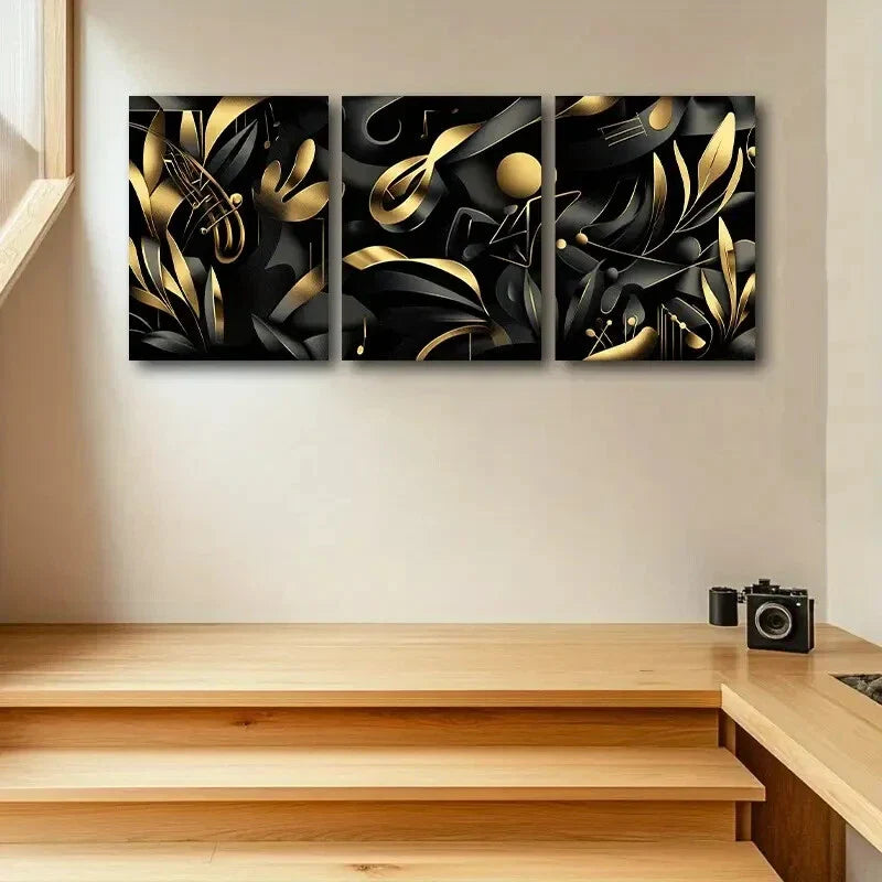 3pcs Modern Golden & Black Swirls Design Metal Print Ready to Hang Art