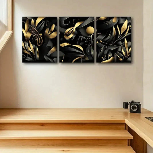 3pcs Modern Golden & Black Swirls Design Metal Print Ready to Hang Art