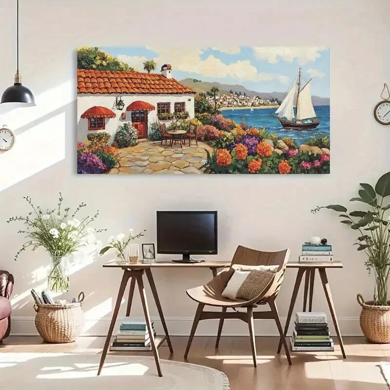 Coastal Sailboats Hillside Vila Wall Art Canvas Office Home Room Framed 120x60cm