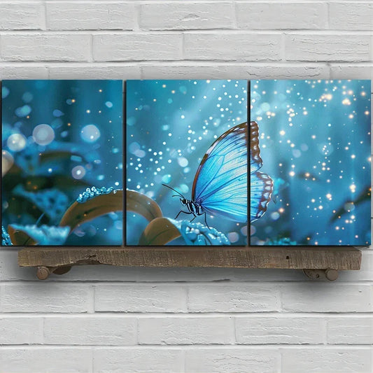 3pcs Blue Butterfly Embossed Relief Metal Print Ready to Hang Art