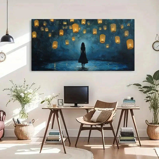 Glowing Night Sky Lanterns Wall Art Canvas Office Home Room Framed 120x60cm