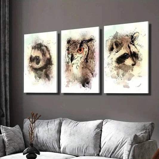 3pcs Watercolor Ferret Raccoon Owl Portrait Wall Art Set Canvas Framed 40x60cm - High Quality Print 100% Australian Made Wall Canvas Ready to Hang