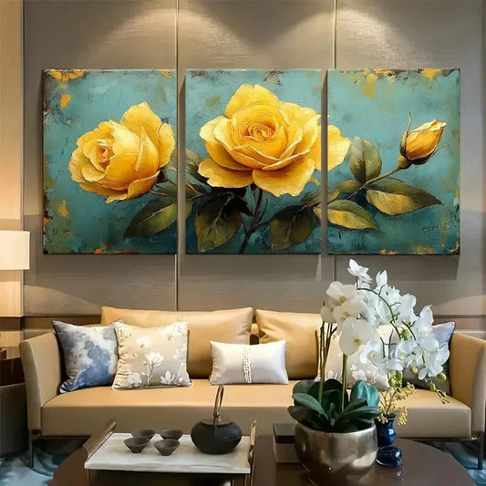 3pcs Romantic Floral Yellow Rose Design Metal Print Ready to Hang Art
