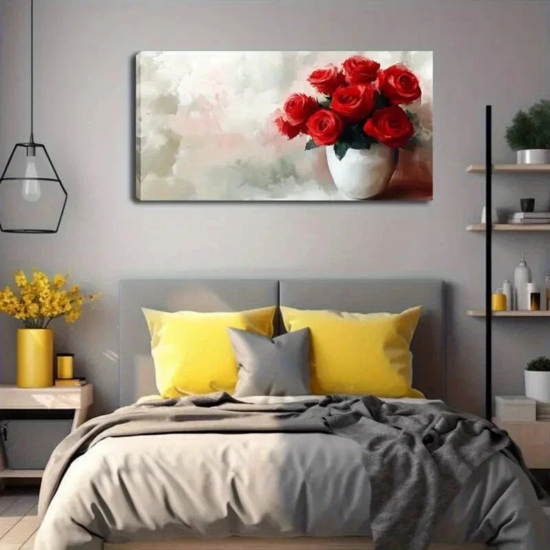 Elegant Red Roses in White Vase Wall Art Canvas Office Home Room Framed 80x45cm