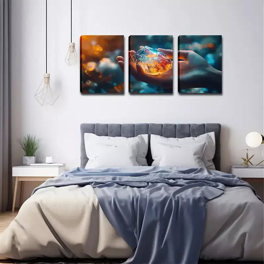 3pcs Hand Holding Gemstone Design, Rustic Wall Art Set Canvas Framed 40x60cm - High Quality Print 100% Australian Made Wall Canvas Ready to Hang