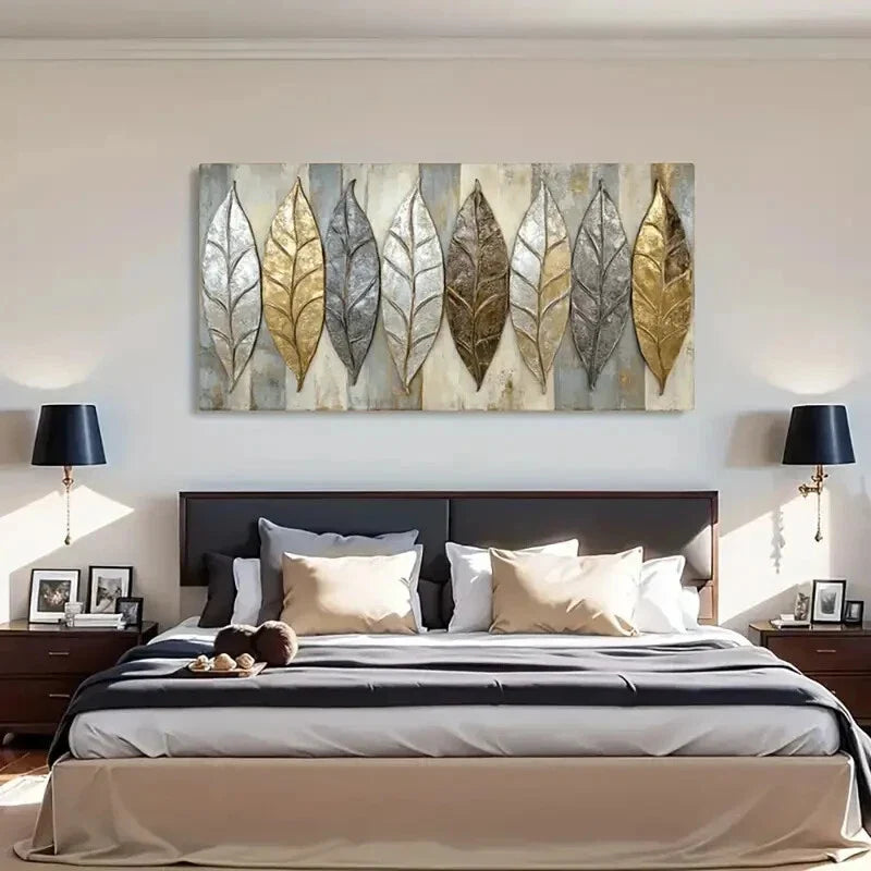Metallic Shine Elegant Leaves Wall Art Canvas Office Home Room Framed 120x60cm