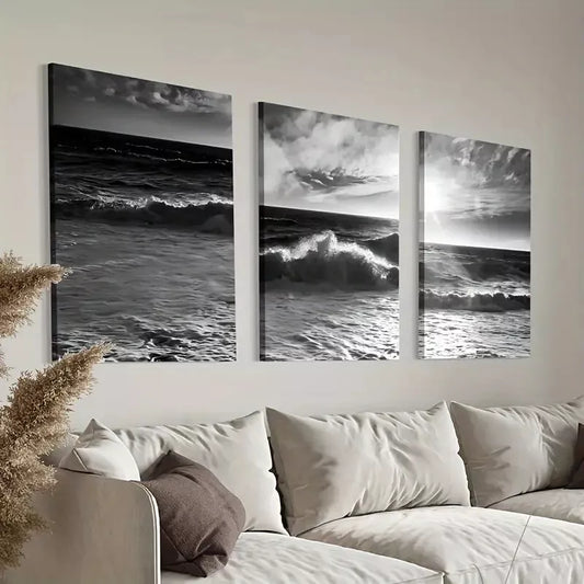 3pcs Dark Ocean Wave on Beach Canvas Framed 40x60cm - High Quality Print 100% Australian Made Wall Canvas Ready to Hang
