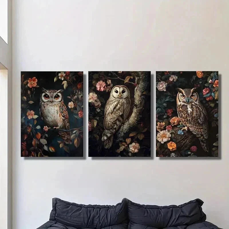3pcs Colorful Dahlia & Owl Illustrations Wall Art Set Canvas Framed 40x60cm - High Quality Print 100% Australian Made Wall Canvas Ready to Hang
