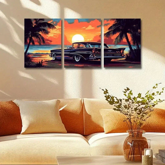3pcs Classic Car, Palm Trees & Sunset Beach Scene Metal Print Ready to Hang Art