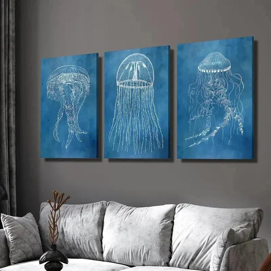 3pcs Luxury Jellyfish Mordai Blueprint Wall Art Set Canvas Framed 40x60cm - High Quality Print 100% Australian Made Wall Canvas Ready to Hang