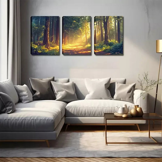 3pcs Sunlight Through The Woods, Wall Art Set Canvas Framed 40x60cm - High Quality Print 100% Australian Made Wall Canvas Ready to Hang