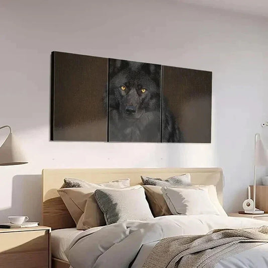 3pcs Black Wolf Staring with Golden Eyes Wall Art Set Canvas Framed 40x60cm - High Quality Print 100% Australian Made Wall Canvas Ready to Hang