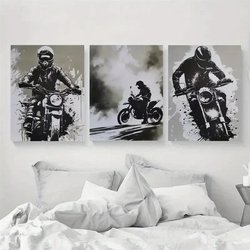 3pcs Black and White Motocross Racing Metal Print Ready to Hang Art