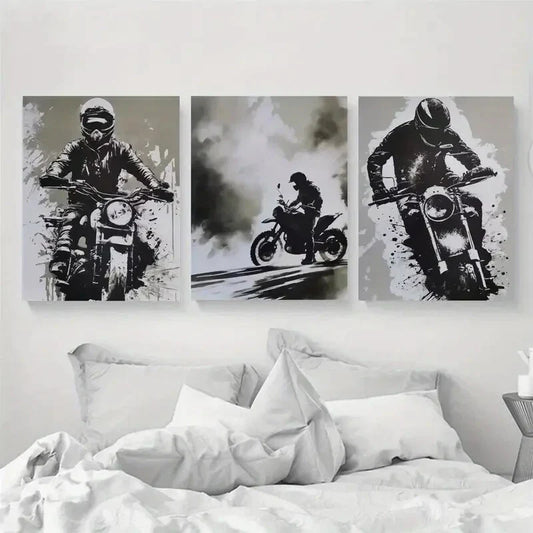 3pcs Black and White Motocross Racing Metal Print Ready to Hang Art