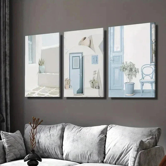 3pcs Blue Doors Porches White Walls & Potted Wall Art Set Canvas Framed 40x60cm - High Quality Print 100% Australian Made Wall Canvas Ready to Hang
