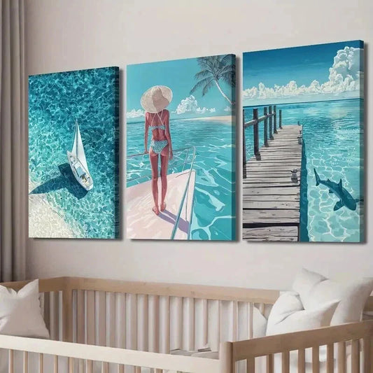 3pcs Beach & Serene Ocean Scene with Sailboat Wall Art Set Canvas Framed 40x60cm - High Quality Print 100% Australian Made Wall Canvas Ready to Hang