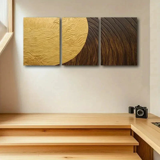 3pcs Soft Curve Textured Golden & Wood Design Metal Print Ready to Hang Art