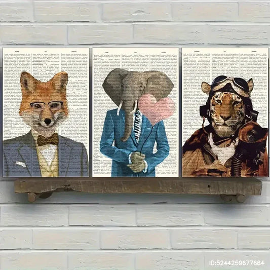 3pcs Fox, Elephant & Tiger in Love Heart Metal Print Ready to Hang Art