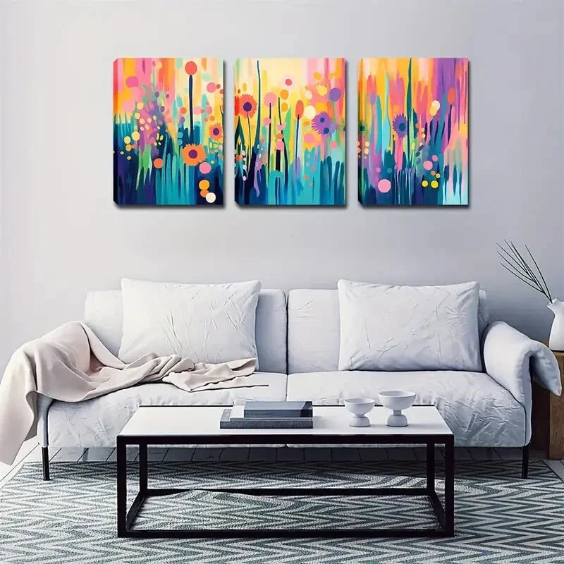 3pcs  Vibrant Floral With Pink, Yellow, Blue  Wall Art Set Canvas Framed 40x60cm - High Quality Print 100% Australian Made Wall Canvas Ready to Hang