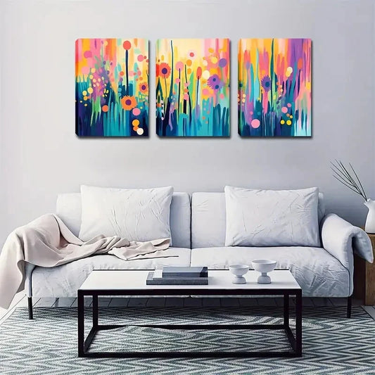 3pcs  Vibrant Floral With Pink, Yellow, Blue  Wall Art Set Canvas Framed 40x60cm - High Quality Print 100% Australian Made Wall Canvas Ready to Hang