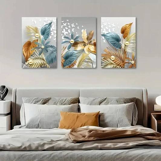 3pcs Modern Golden Butterfly Leaf Metal Print Ready to Hang Art