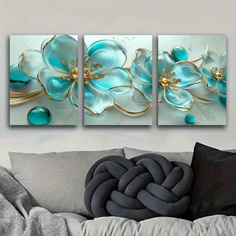 3pcs  Turquoise glass flowers  Metal Print Ready to Hang Art