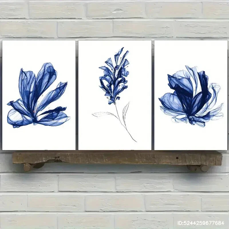 3pcs Vibrant Blue Watercolor Leaf Designs Metal Print Ready to Hang Art
