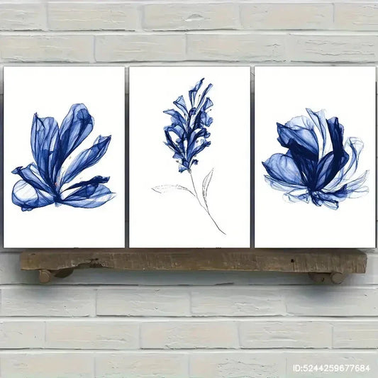 3pcs Vibrant Blue Watercolor Leaf Designs Metal Print Ready to Hang Art