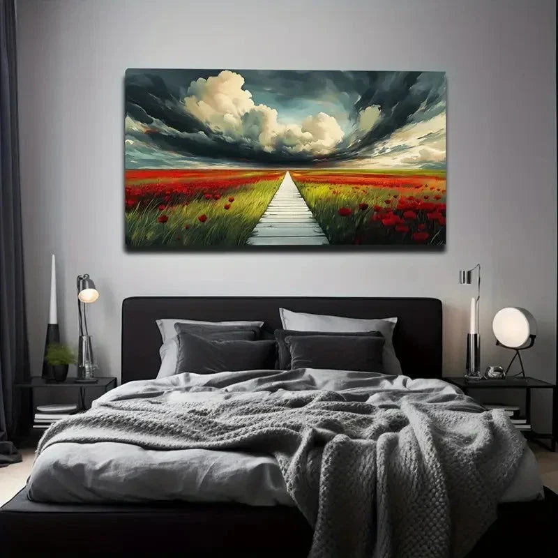 Sky & Red Poppy Field Pathway Wall Art Canvas Office Home Room Framed 120x60cm