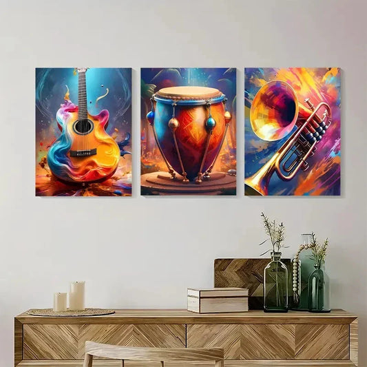 3pcs Vibrant Musical Instruments Guitar Drum Metal Print Ready to Hang Art