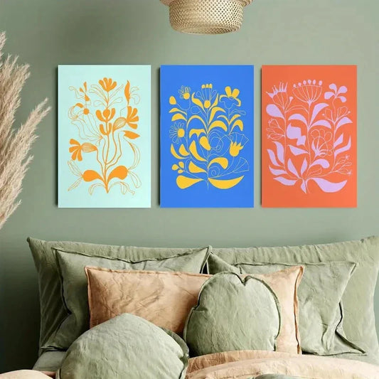 3pcs Orange folk flowers on light blue Metal Print Ready to Hang Art