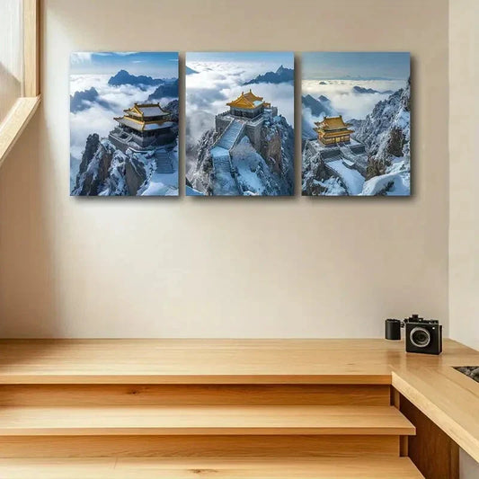 3pcs Triptych of Temple on top of Hill Foggy Peak Metal Print Ready to Hang Art