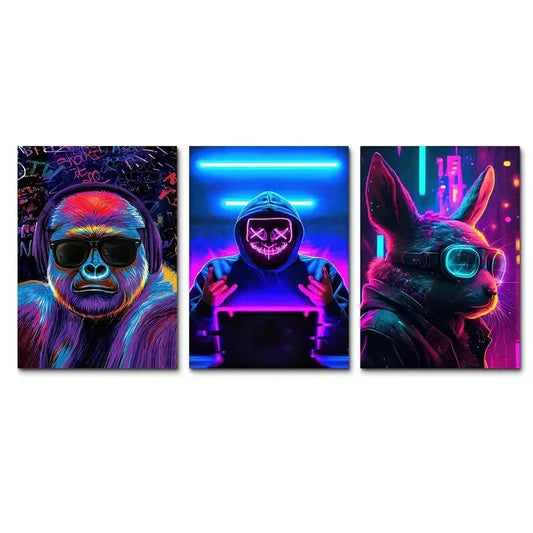 3pcs Graffiti Gorilla & Fashion Glasses Metal Print Ready to Hang Art