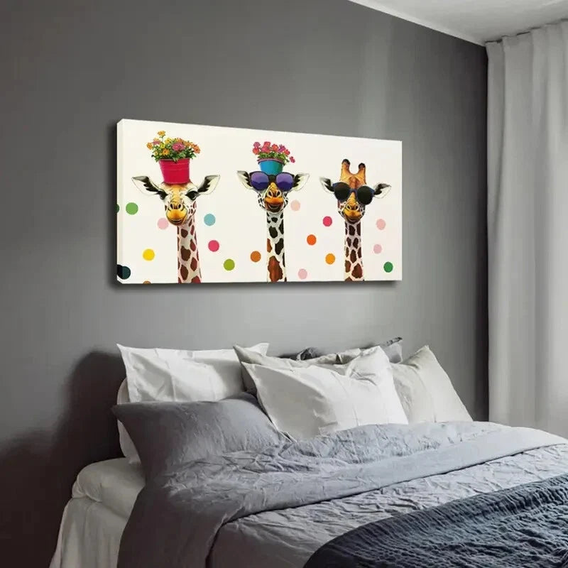 Whimsical Giraffe Trio Colorful Wall Art Canvas Office Home Room Framed 120x60cm