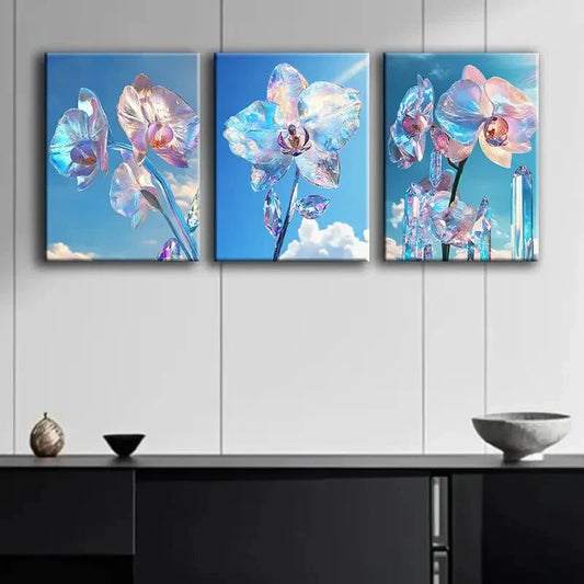 3pcs Glass Orchid Glittering Petals Perfect Wall Art Set Canvas Framed 40x60cm - High Quality Print 100% Australian Made Wall Canvas Ready to Hang