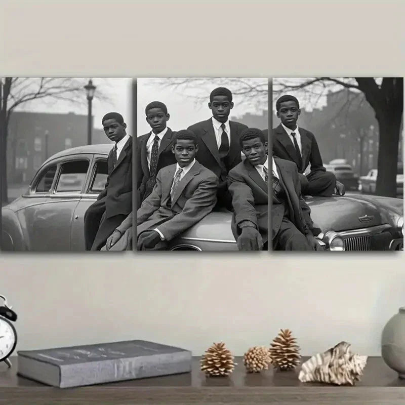 3pcs The black teenager was in an old car Wall Art Set Canvas Framed 40x60cm - High Quality Print 100% Australian Made Wall Canvas Ready to Hang