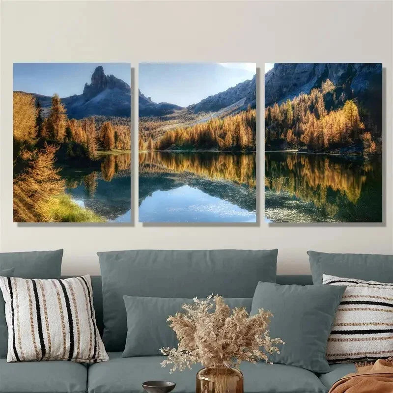 3pcs Fantastic blue lake with high mountains Metal Print Ready to Hang Art
