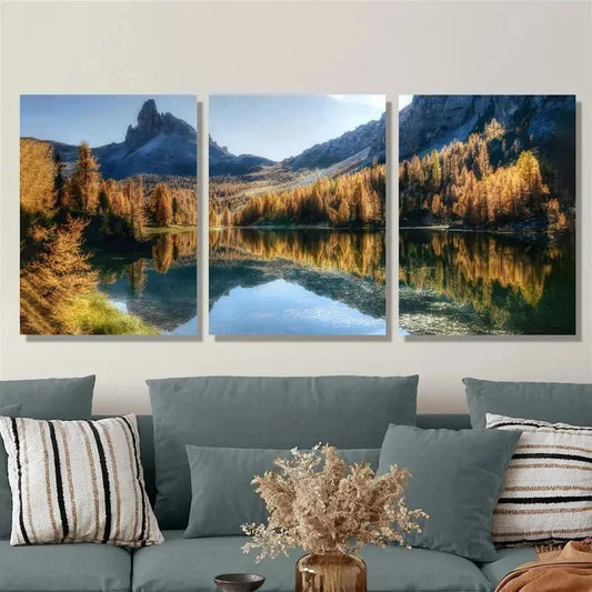 3pcs Fantastic blue lake with high mountains Metal Print Ready to Hang Art