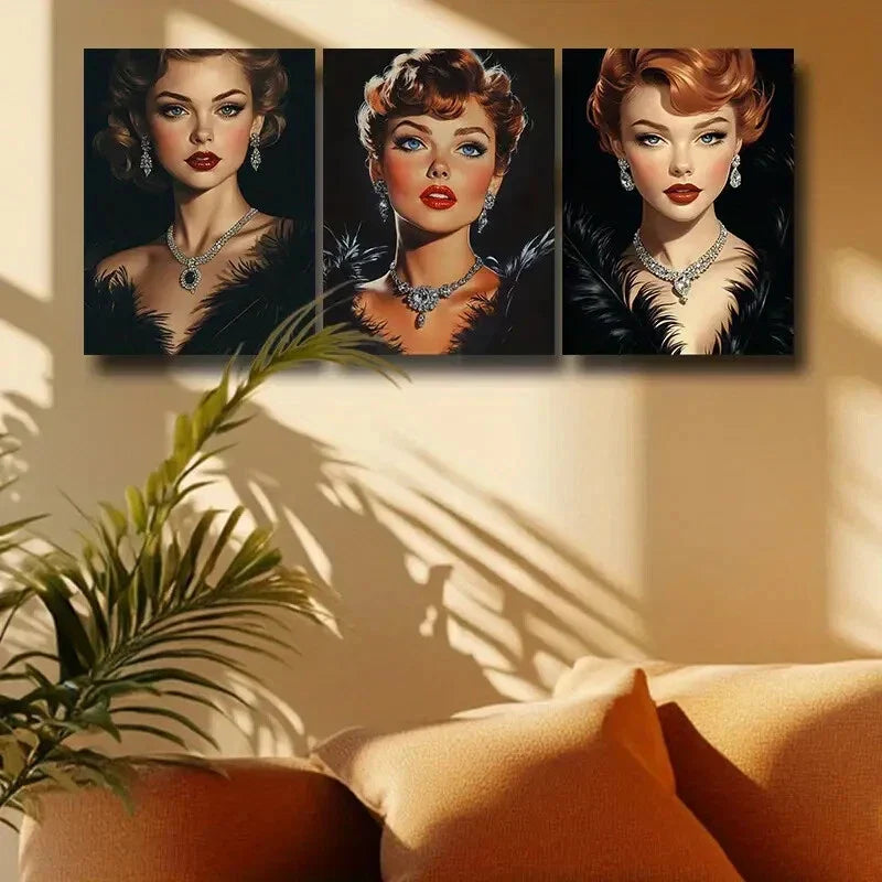 3pcs Elegant Black Swan Goddess with Jewelry Metal Print Ready to Hang Art