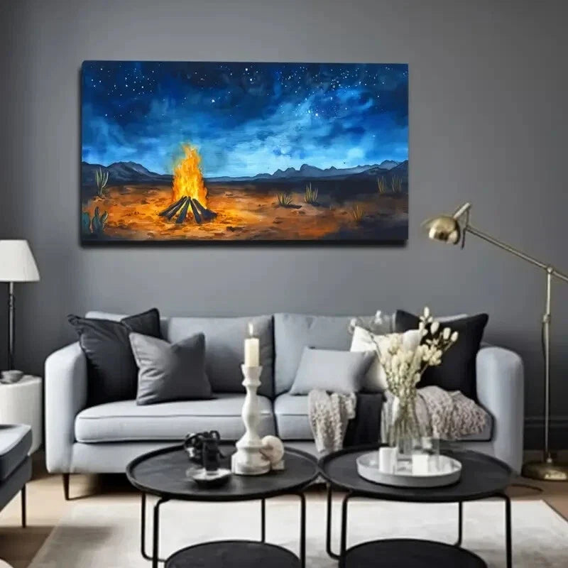 Starry Night Sky with Burning Wall Art Canvas Office Home Room Framed 120x60cm