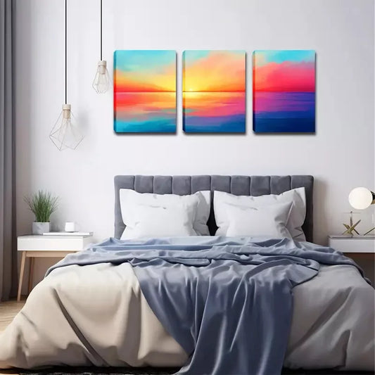 3pcs Ocean Sunset with Reflective Water Wall Art Set Canvas Framed 40x60cm - High Quality Print 100% Australian Made Wall Canvas Ready to Hang