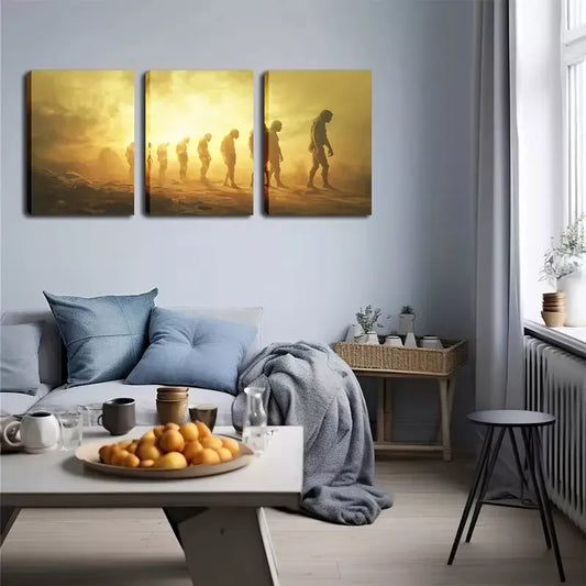 3pcs Human Evolution Theme, Warm Sunset Gradient  Wall Art Set Canvas Framed 40x60cm - High Quality Print 100% Australian Made Wall Canvas Ready to Hang