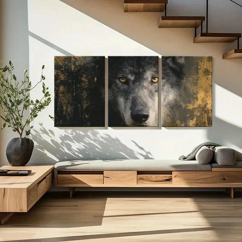 3pcs Wolf Portrait Golden Eyes Detailed Fur Metal Print Ready to Hang Art