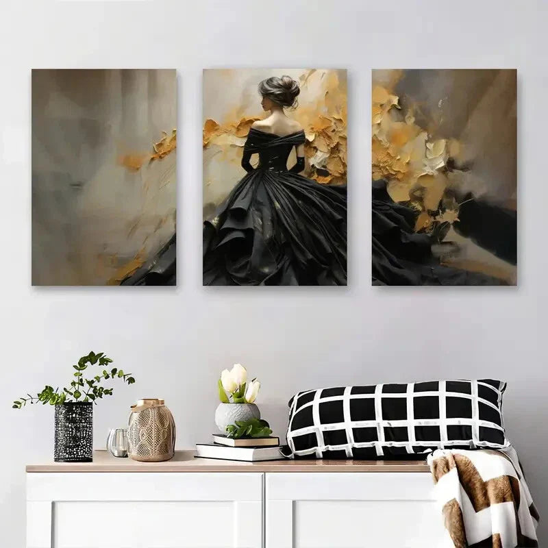 3pcs Elegant Woman in Black Dress with Golden Metal Print Ready to Hang Art