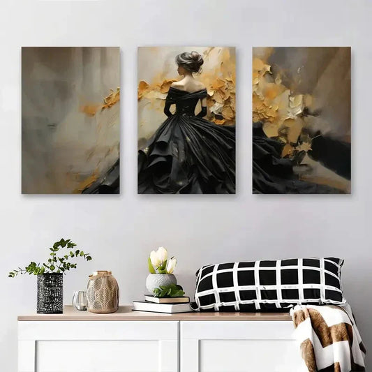3pcs Elegant Woman in Black Dress with Golden Metal Print Ready to Hang Art