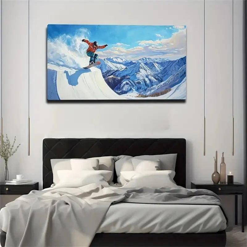 Skiing On A Mountain Top Décor Wall Art Canvas Office Home Room Framed 120x60cm