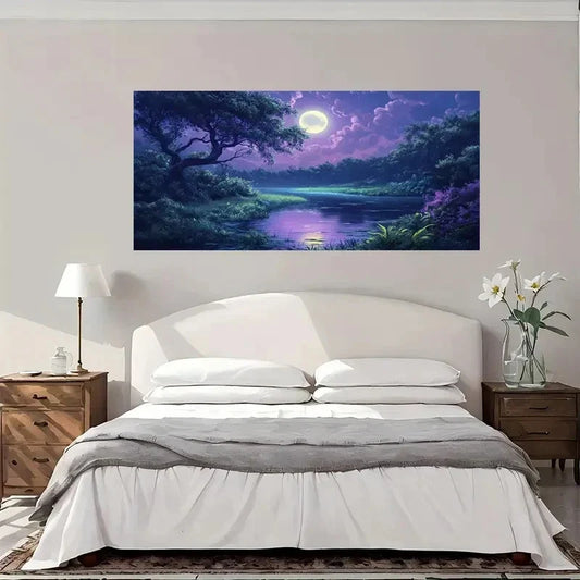 Purple Nature Moon Light Lake Wall Art Canvas Office Home Room Framed 80x45cm