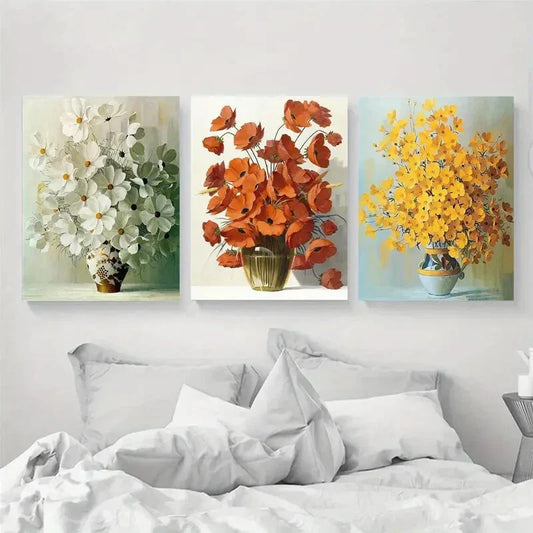 3pcs Vintage Colorful Bottles and Flowers Metal Print Ready to Hang Art