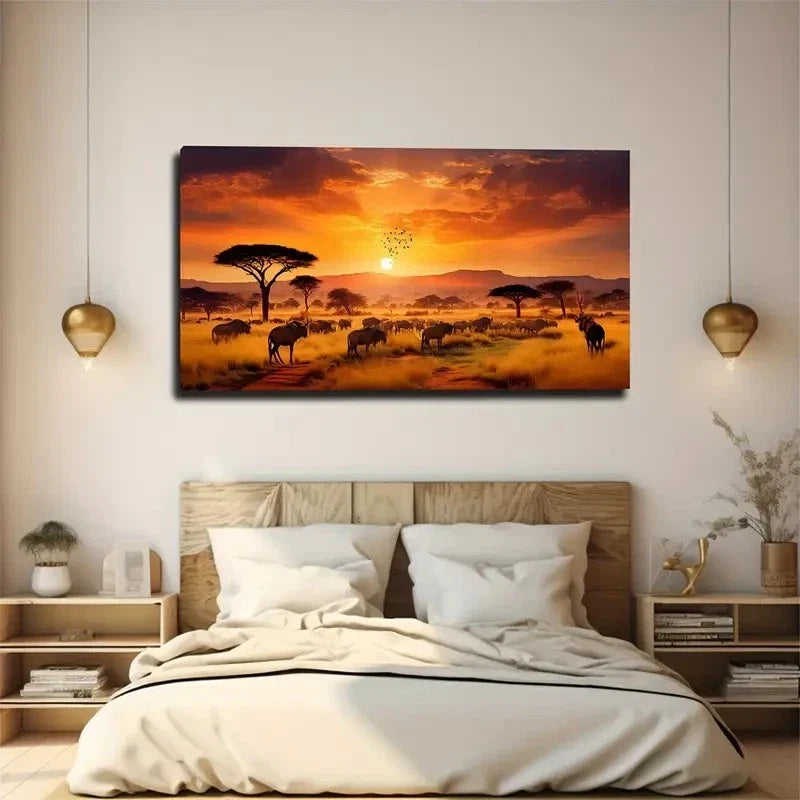 Prairie Sunset Animals Coming Wall Art Canvas Office Home Room Framed 80x45cm